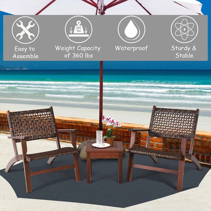 3 Pcs Rattan Wooden Outdoor Table & Chair Set Patio Bistro Conversation Set