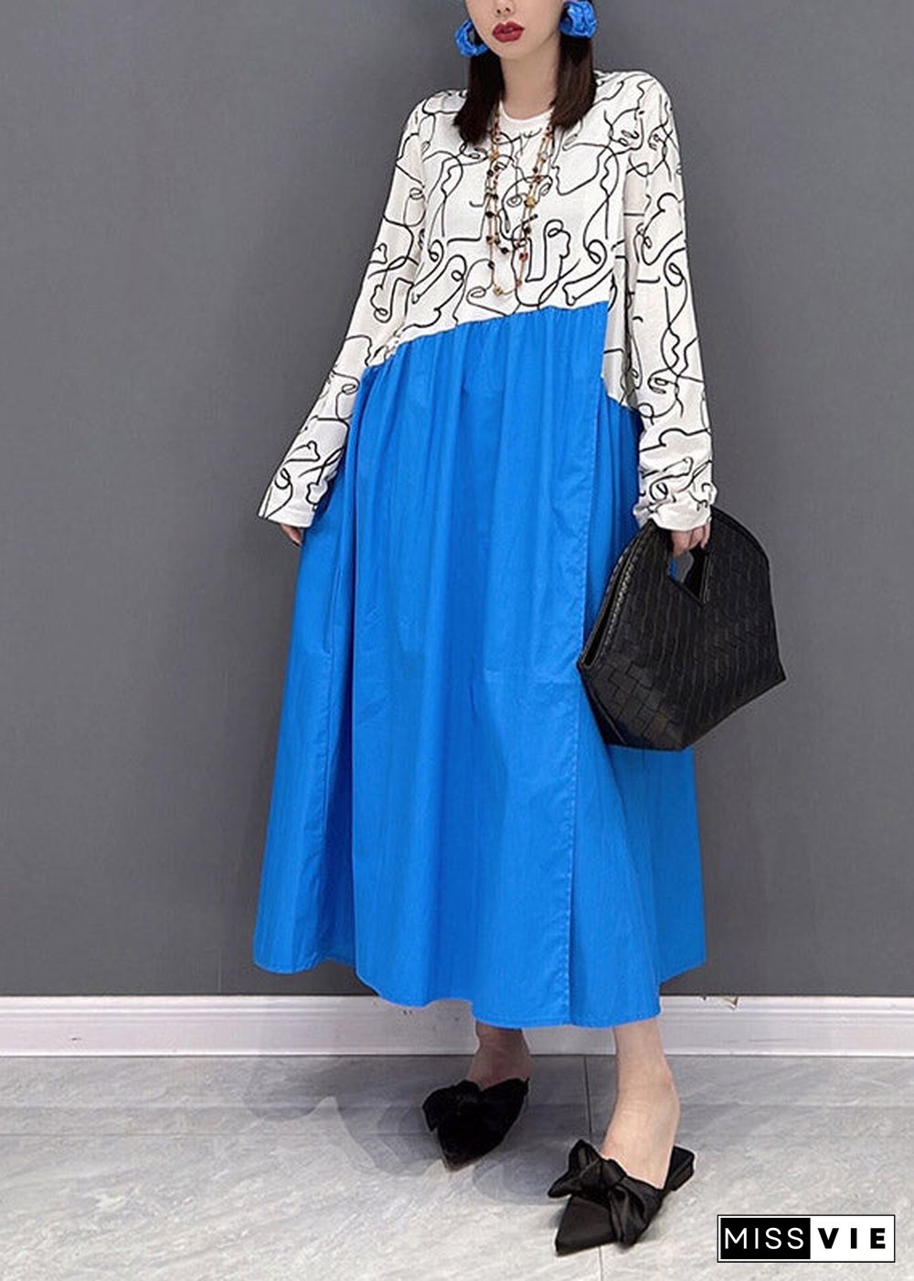 Casual Colorblock O-Neck Print Patchwork holiday Dress Long sleeve