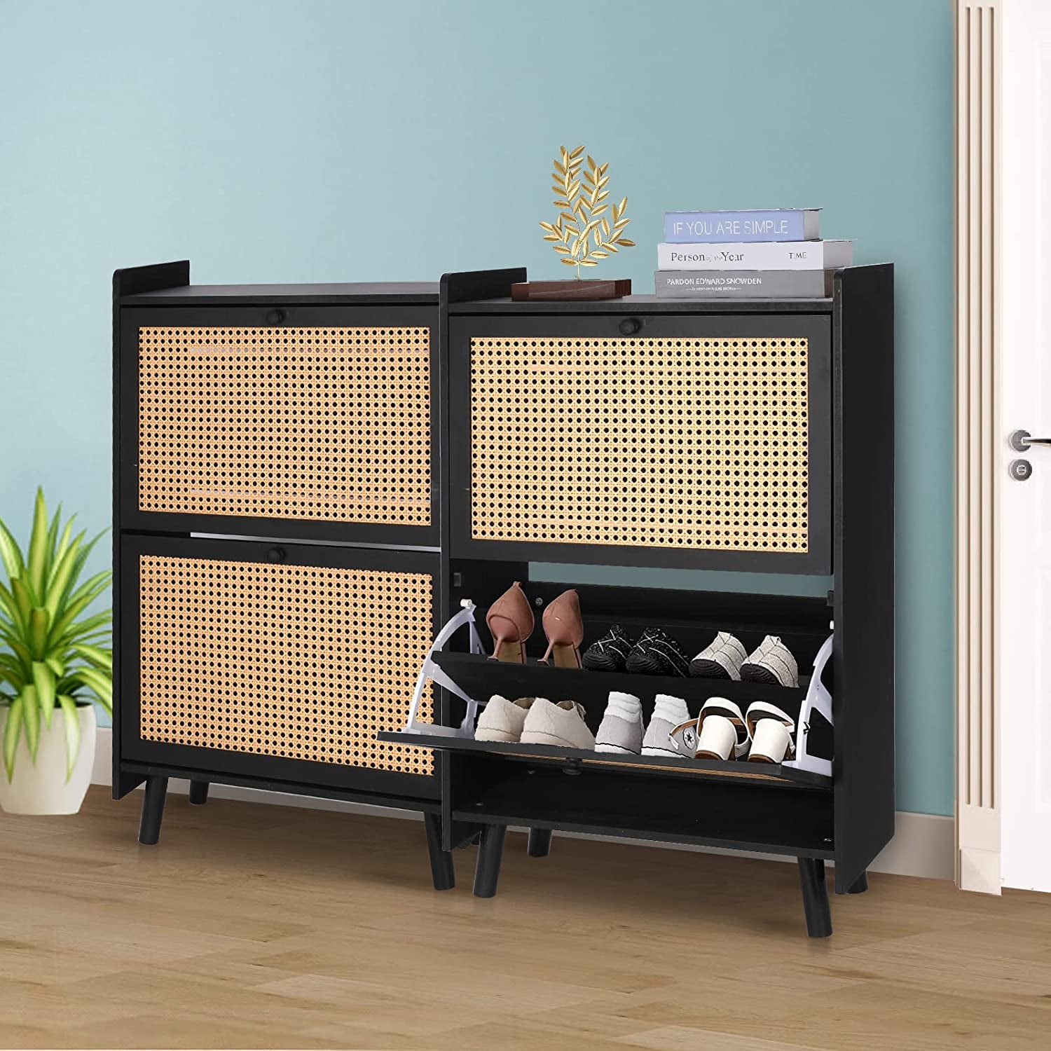 Shoe Storage Cabinet for Entryway Slim， 2 Flip Drawers Rattan Shoe Organizer， Black Entryway Shoe Storage Organizer， Woodeen Shoe Rack for Door， Free Standing Shoe Racks for Entryway