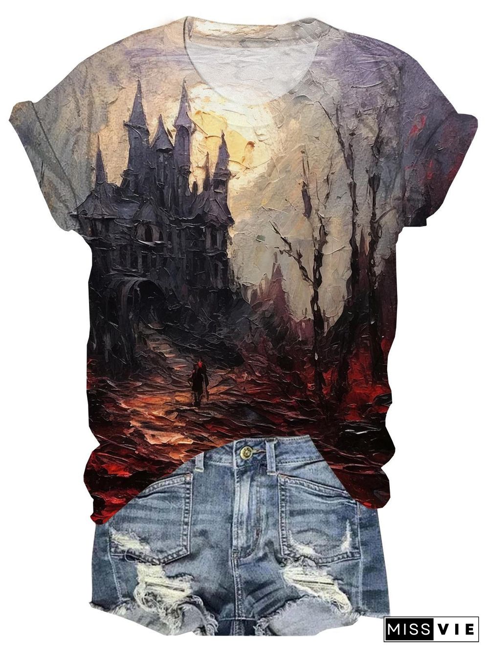 Halloween Castle Print Round Neck Short Sleeve T-Shirt