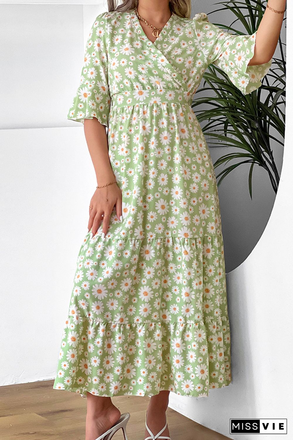 Paisley Floral Print Flare Sleeves Maxi Dress Wholesale