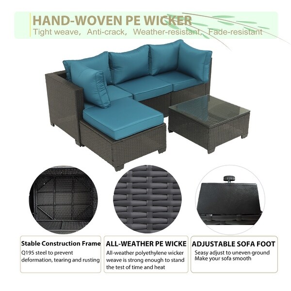 5Piece HandWoven PE Wicker Outdoor Patio Sectional Sofa Set with Cushions and Coffee Table