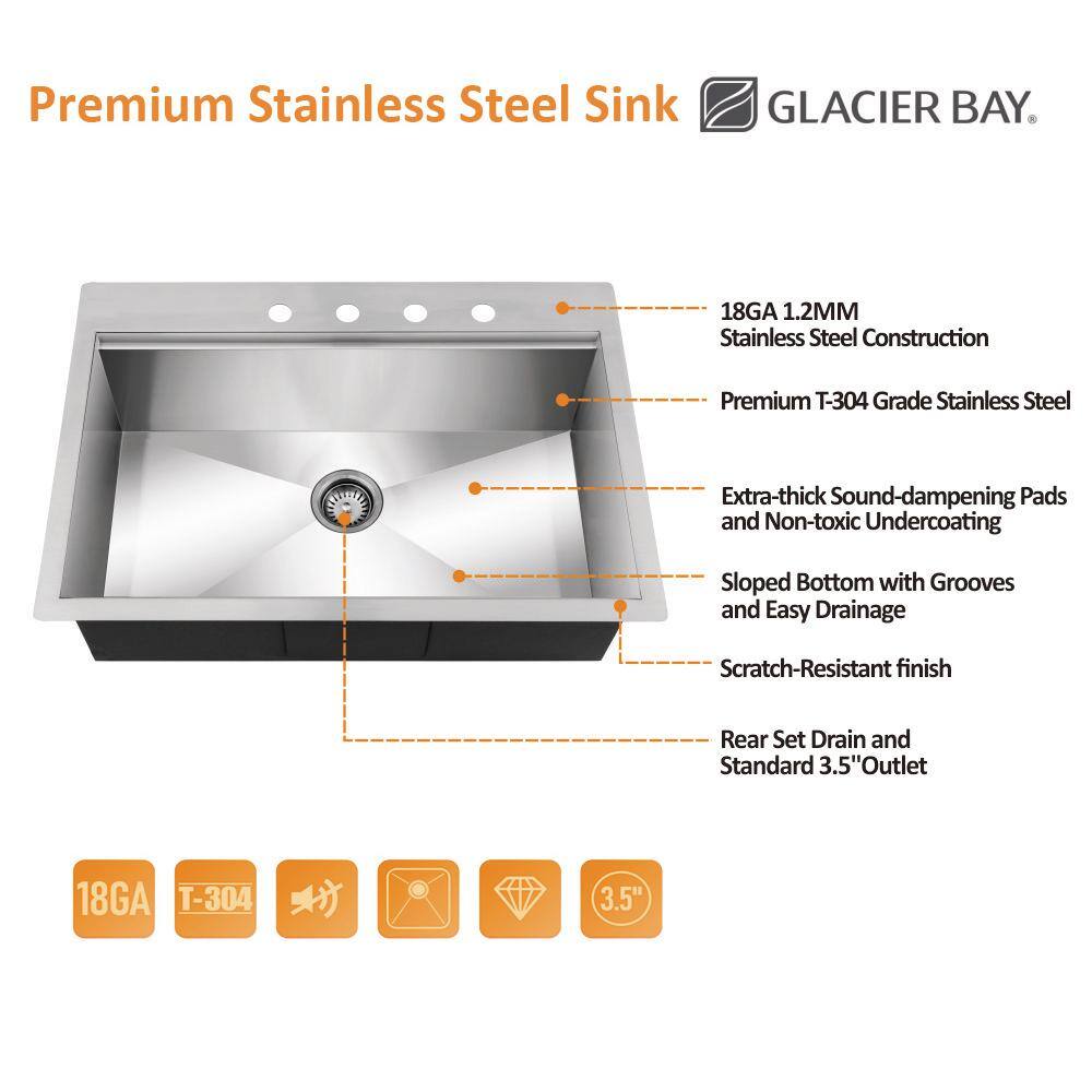 Glacier Bay Zero Radius Drop-in 18G Stainless Steel 30 in. 4-Hole Single Bowl Workstation Kitchen Sink with Accessories 4308F