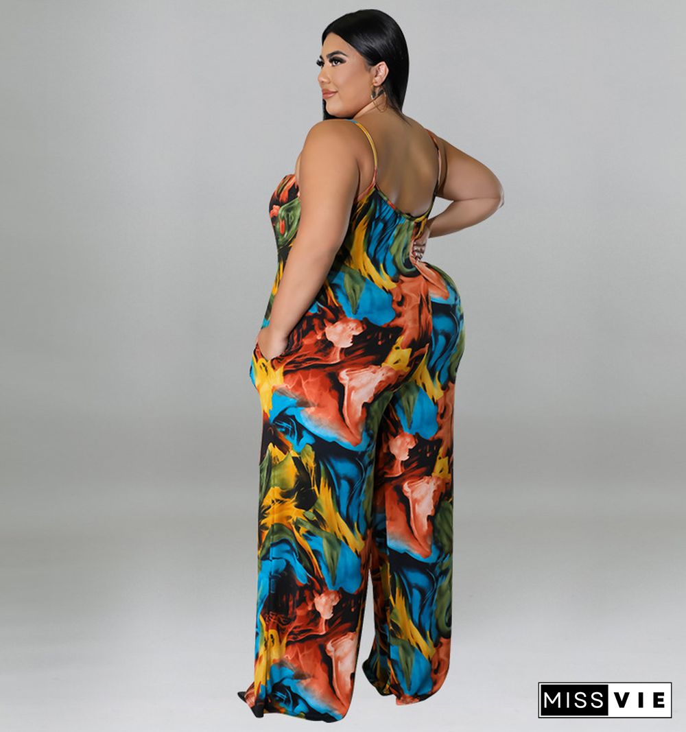 Plus Size Print Wide Leg Jumpsuit with Belt