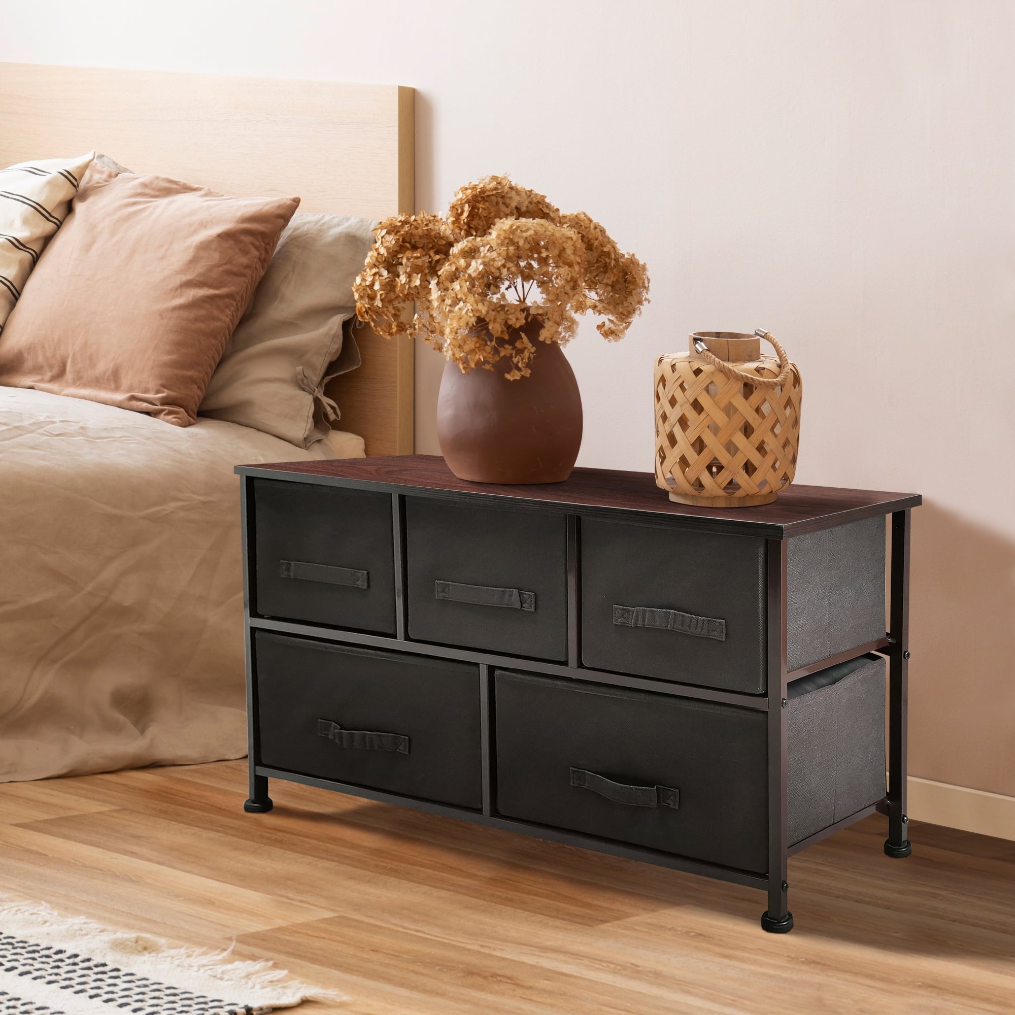 ZENSTYLE Wide Dresser Storage Tower 5 Drawers Metal Frame, Brown 39 x 12 x 22"