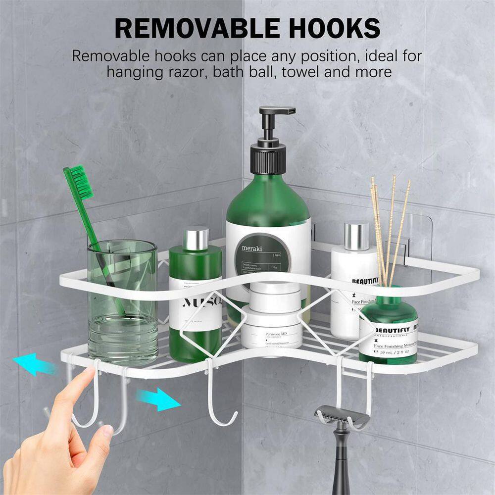 Dracelo Wall Mounted Bathroom Shower Caddies Adhesive Type Coner Storage Shelves with 3 Movable Hooks in. White 2-Pack B0B4NB82JD