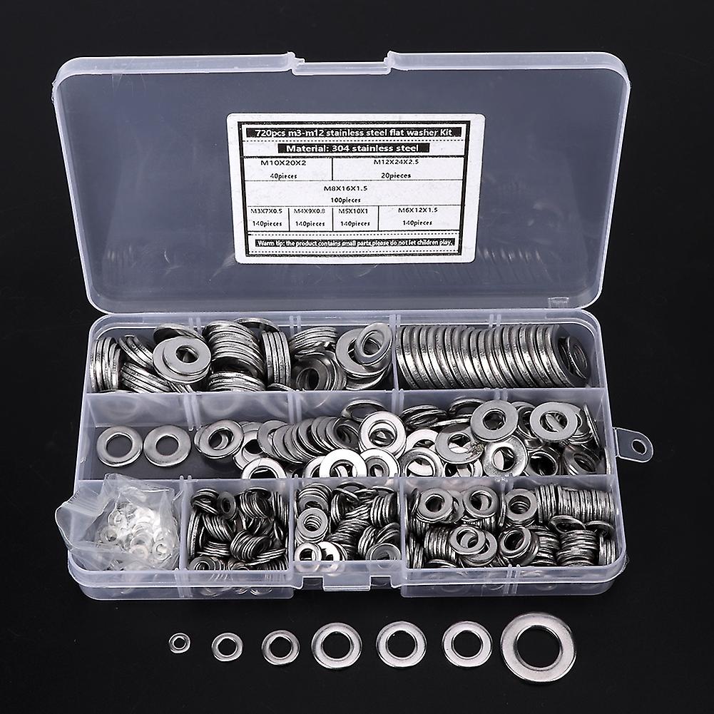 720pcs Flat Washer Kit 304 Stainless Steel Silver Spring Gasket Assortment Set M3-m12