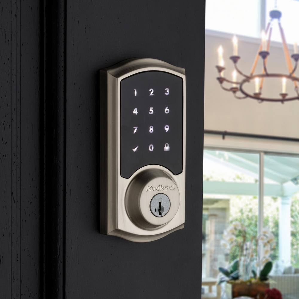 Kwikset Z-Wave SmartCode 916 Touchscreen Satin Nickel Single Cylinder Electronic Deadbolt with Avalon Handleset and Tustin Lever 916TRLHSET15