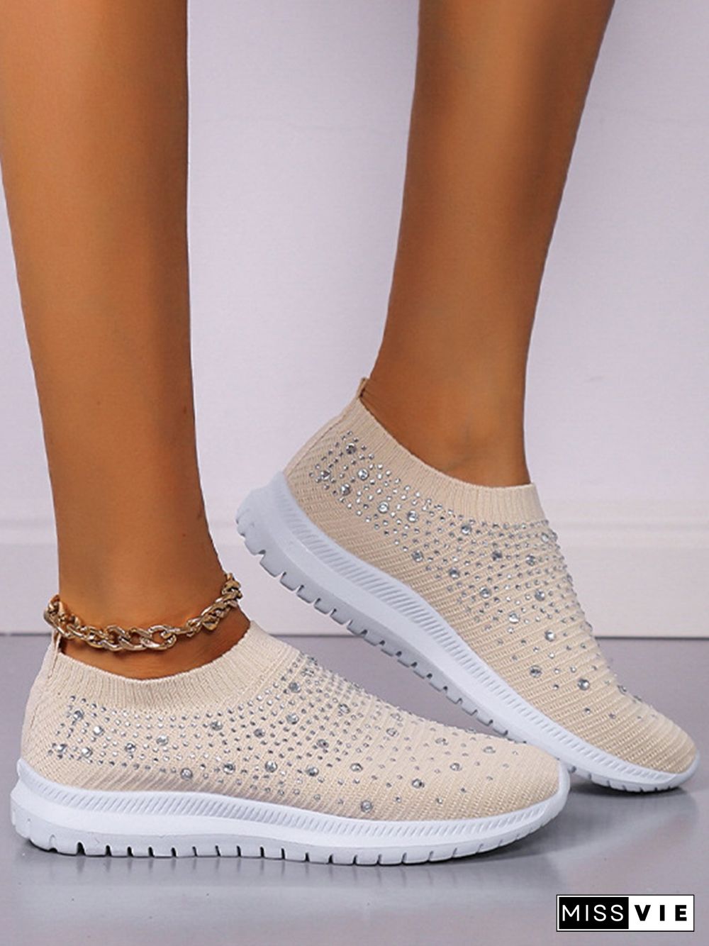 Rhinestone Design Portable Overfoot Lightweight Flyknit Sneakers