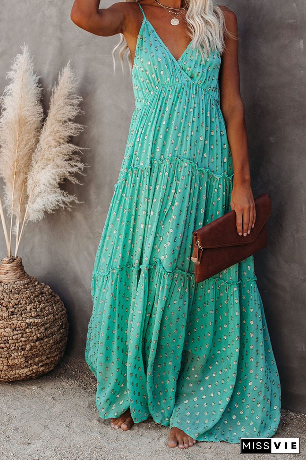 Green Halter V Neck Print Maxi Dress Wholesale