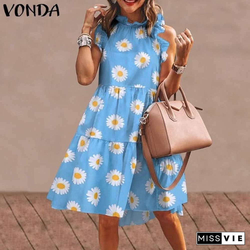 Summer Short Dress Women Sexy Sleeveless Ruffled Dress Beach Holiday Sundress VONDA Bohemian Vestidos Plus Size Robe Femme