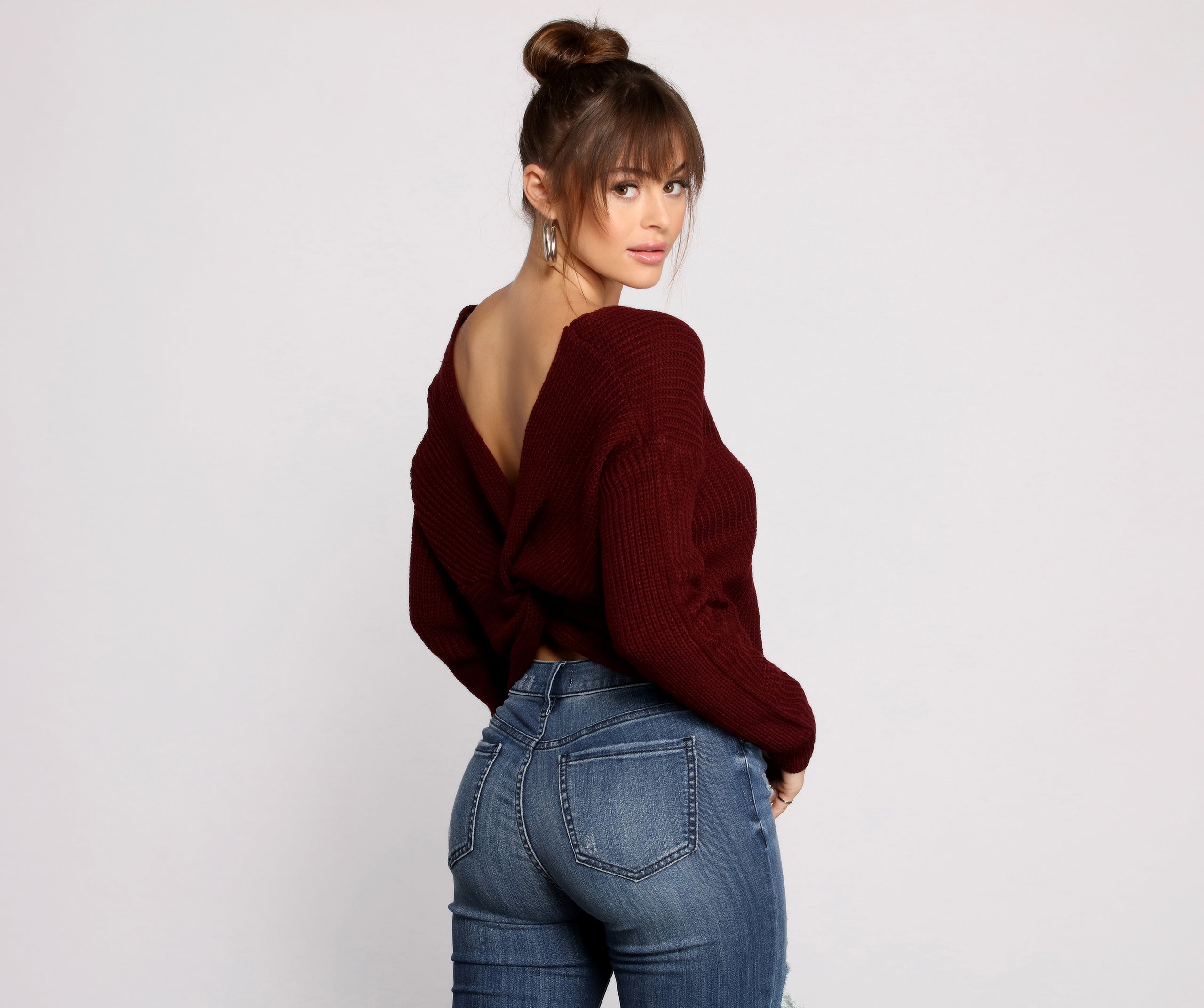 Trendy Knot Back V Neck Sweater