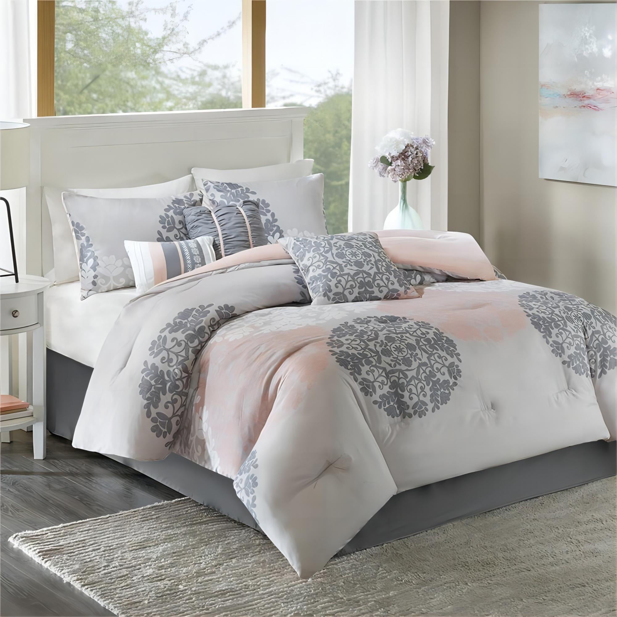 Home Essence 7-Piece Coral Down Alternative Bedding with Floral Medallion Print Comforter Set， Queen