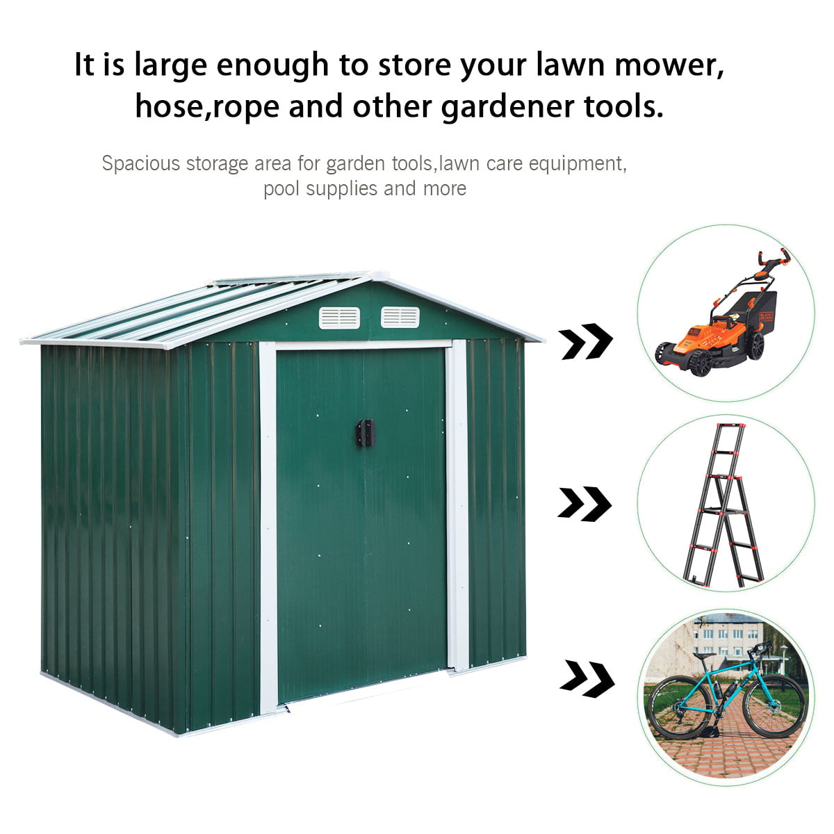 Jaxpety 7' x 4' Large Outdoor Steel Storage Shed with 4 Vents,Double Sliding Door, Stable Base, Green