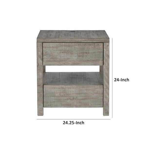 Tren 24 Inch Side End Table， Gray Wood， Pine Veneer， 2 Gliding Drawers