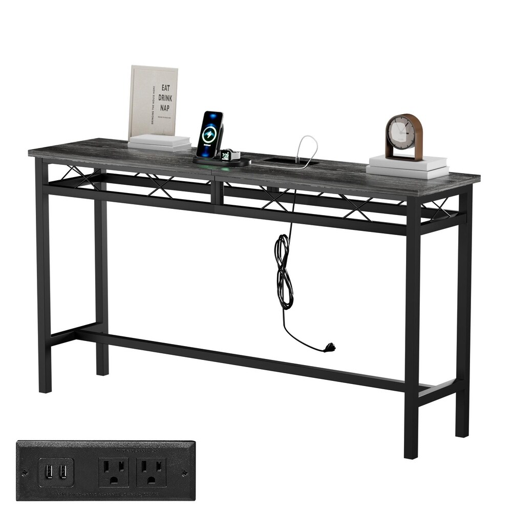 Javlergo Console Table with with Charging Station   USB Ports  Charcoal Gray