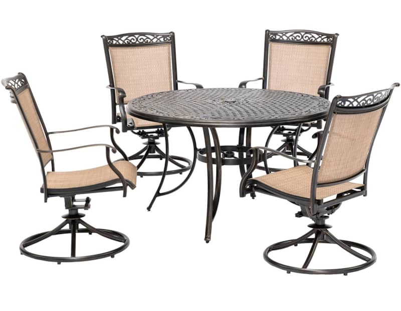 Hanover Fontana 5-Piece Outdoor Dining Set In Tan/Bronze With 4 Sling Swivel Rockers， 48 Round Cast-Top Table