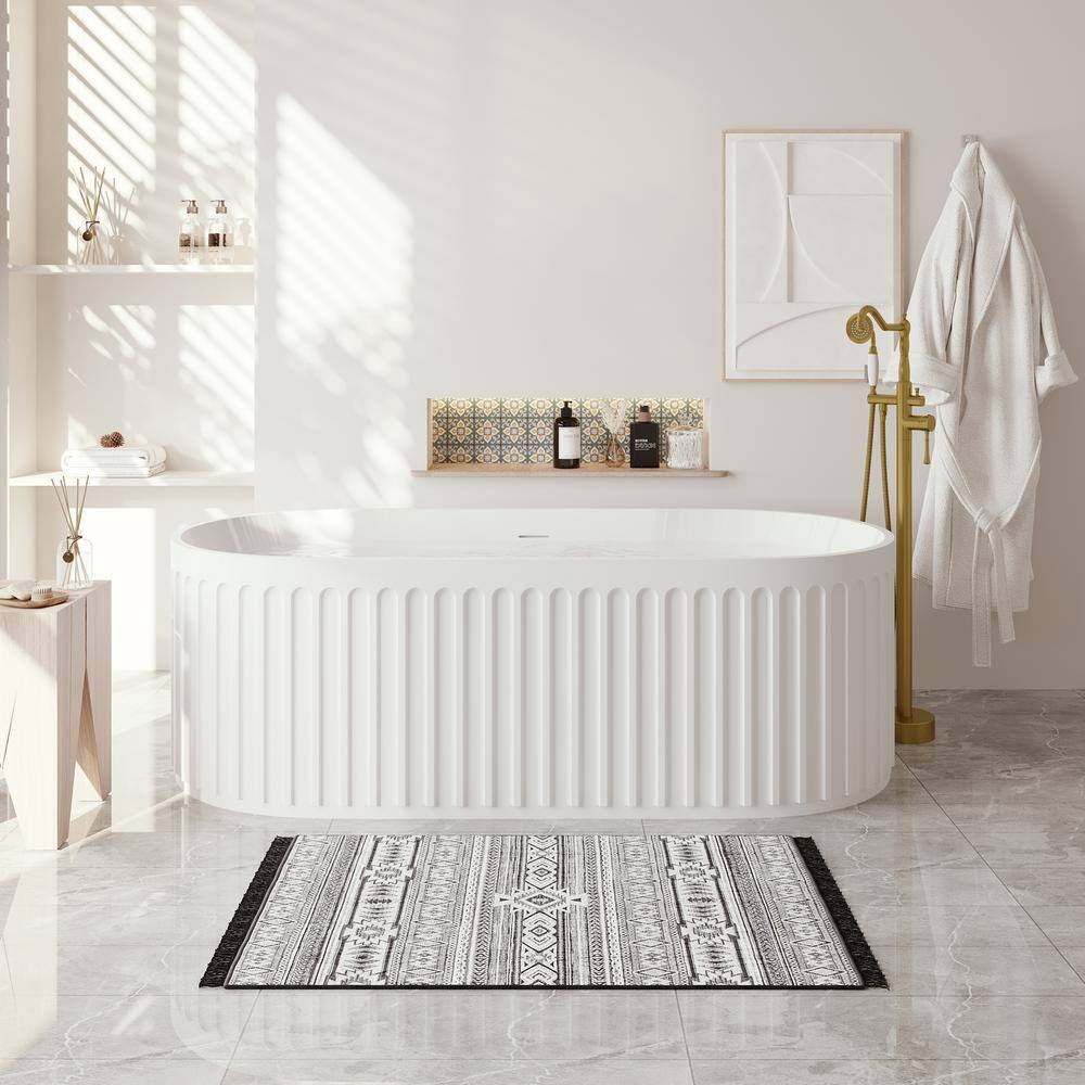 VANITYFUS 67 in. Stone Resin Flatbottom Solid Surface Striped Freestanding Soaking Bathtub in White with Brass Drain VF-21S01103-67