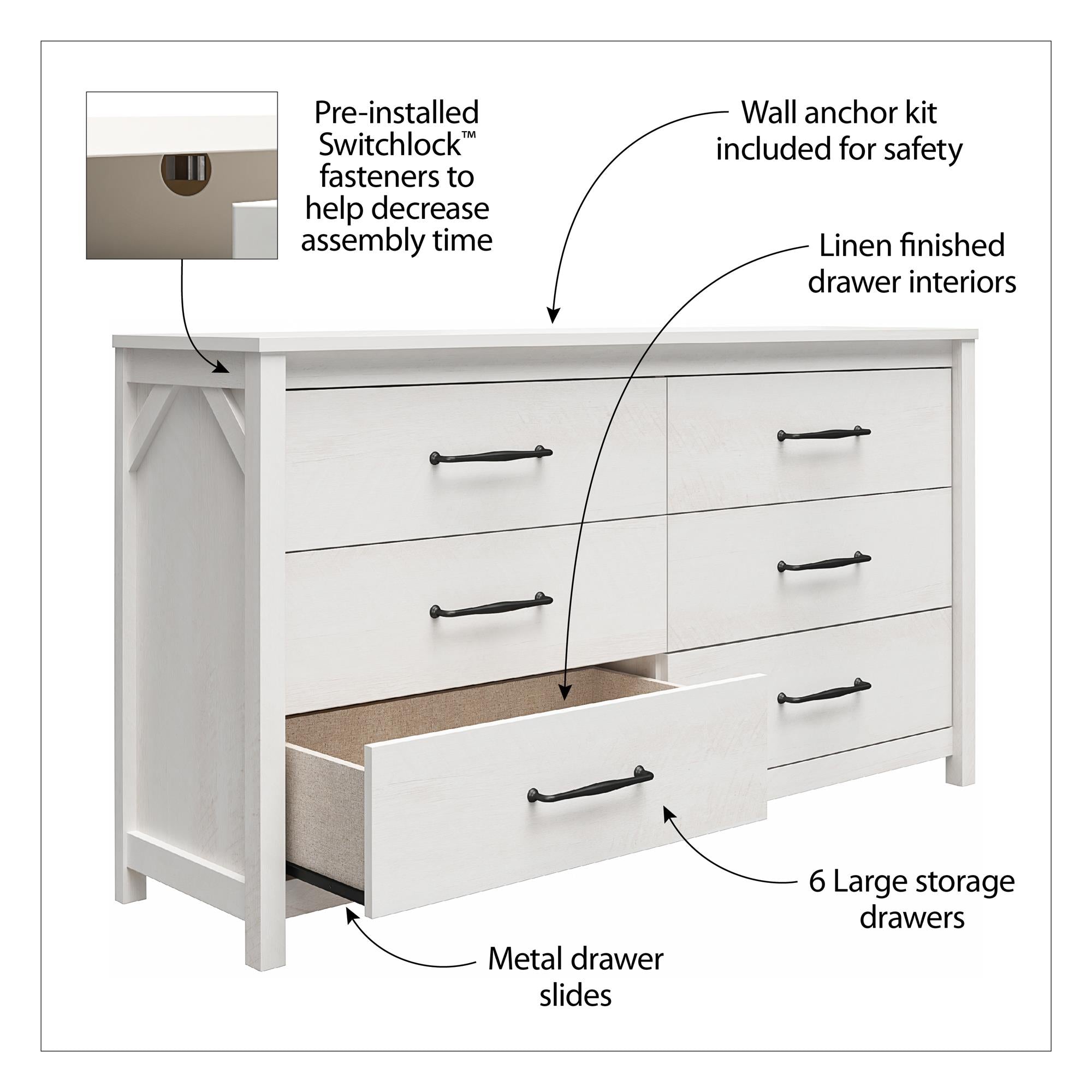 Ameriwood Home Abilene 6 Drawer Wide Dresser, Ivory Oak