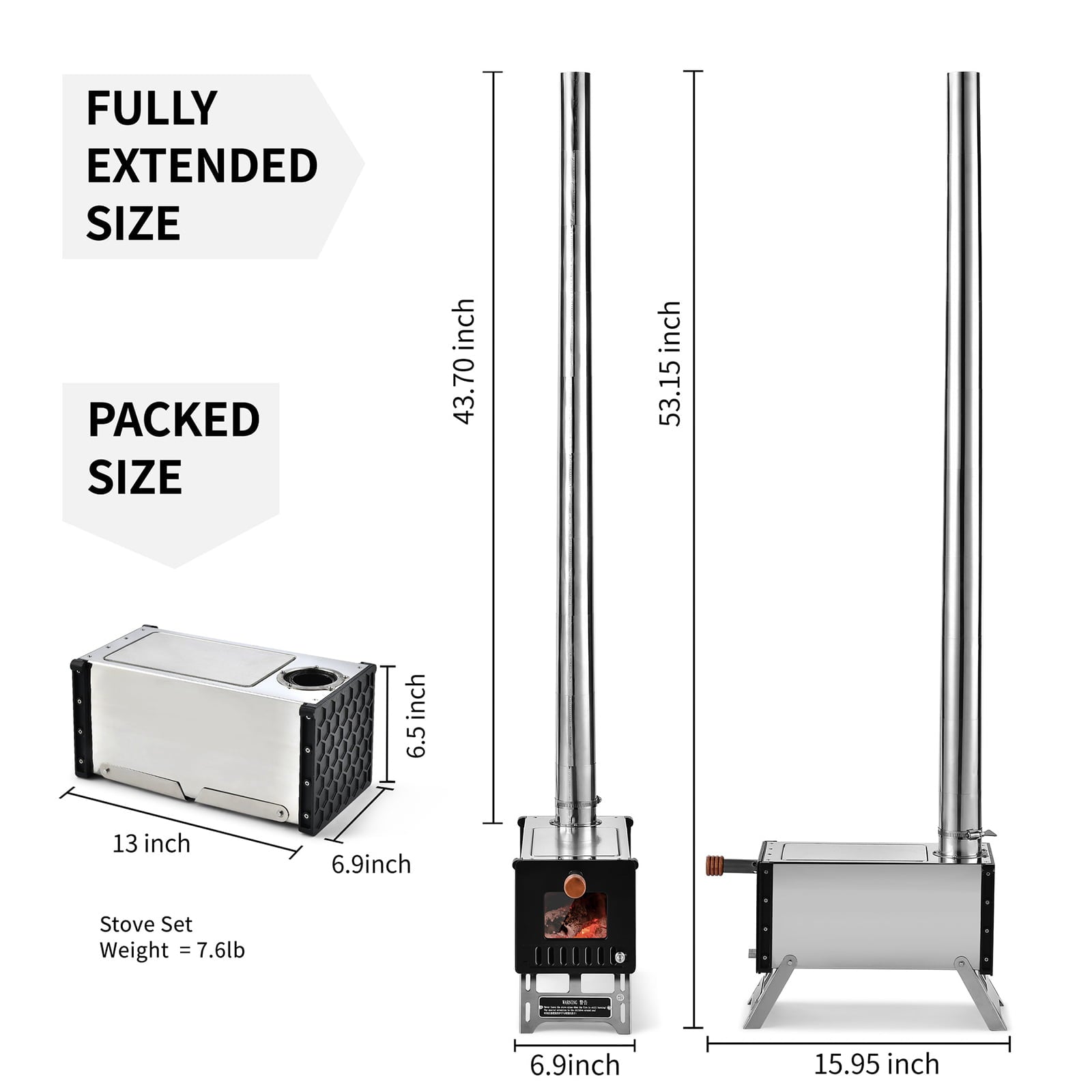 walmeck Stainless Steel Tent Wood with Chimney Pipes Portable Camping Wood Burning for Camping Heating Cooking