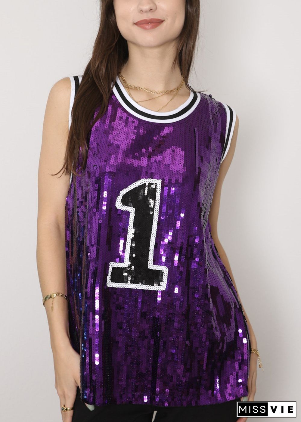 Sparkle Glitter Hip Hop Number 1 T-Shirt Top Blouse Tunic Sequins Basketball Tank Vests