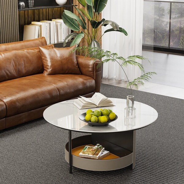 Sintered Stone Round Coffee Table Microfiber Saddle Leather Covered