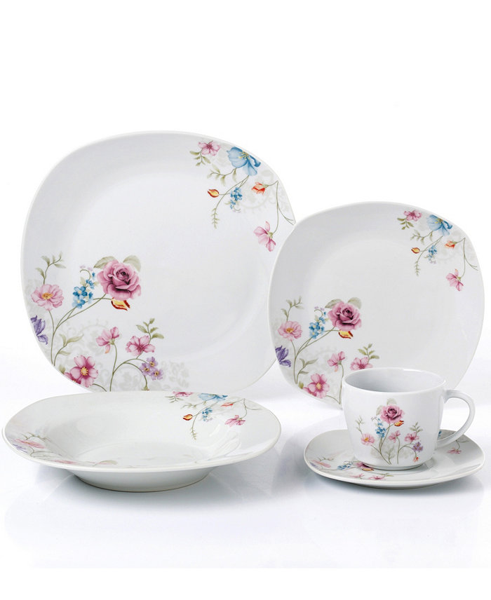 Lorren Home Trends Small Floral Design Square Dinnerware Set 20 Piece