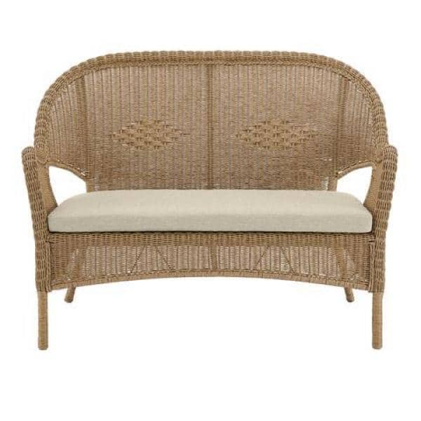 Hampton Bay Rosemont Light Brown Steel Wicker Stackable Outdoor Patio Loveseat with Putty Tan Cushion 65-913BR44