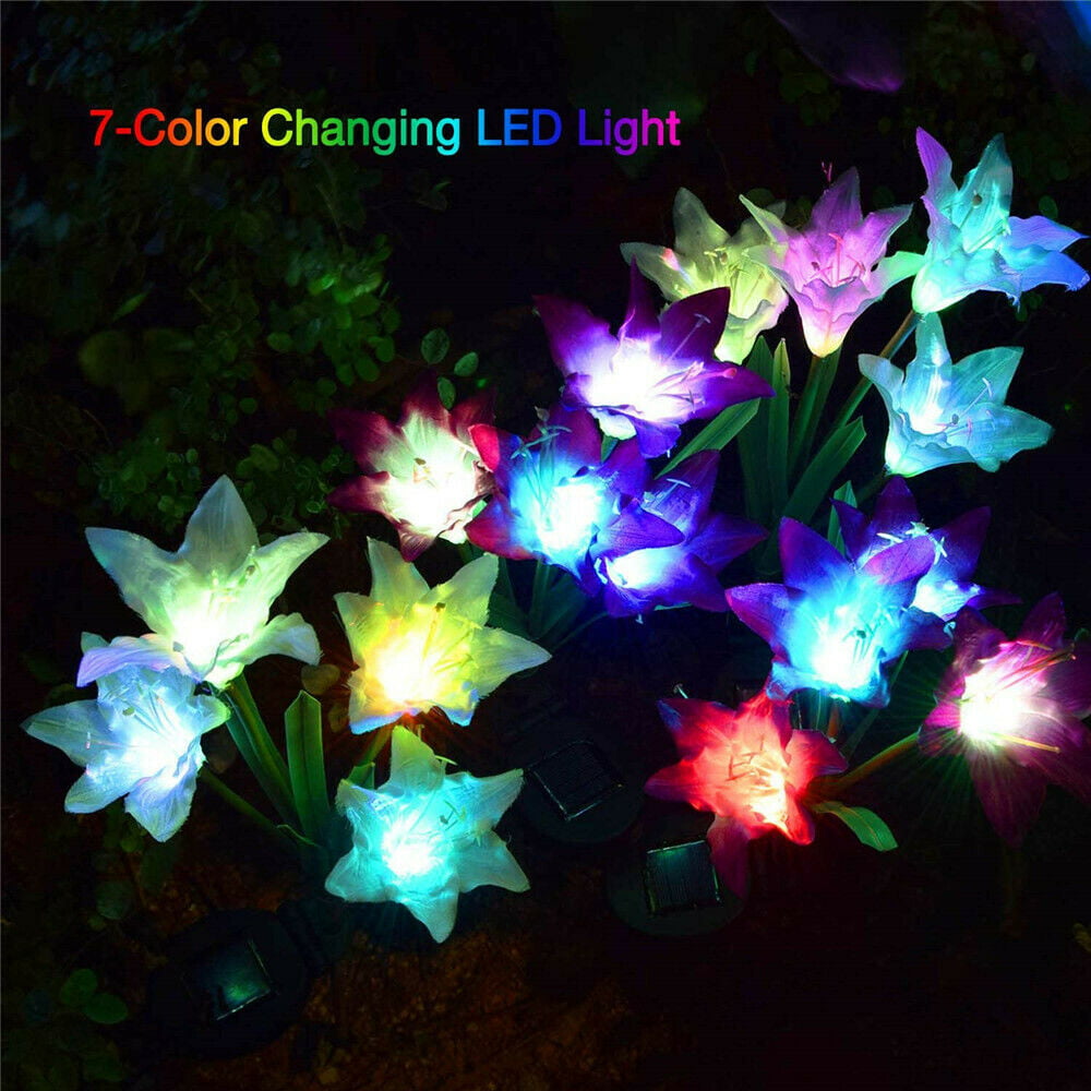 Outdoor Solar Garden Stake Lights - 2 Pack Solite Solar Powered Lights with 8 Lily Flower， Multi-color Changing LED Solar Stake Lights for Garden， Patio， Backyard