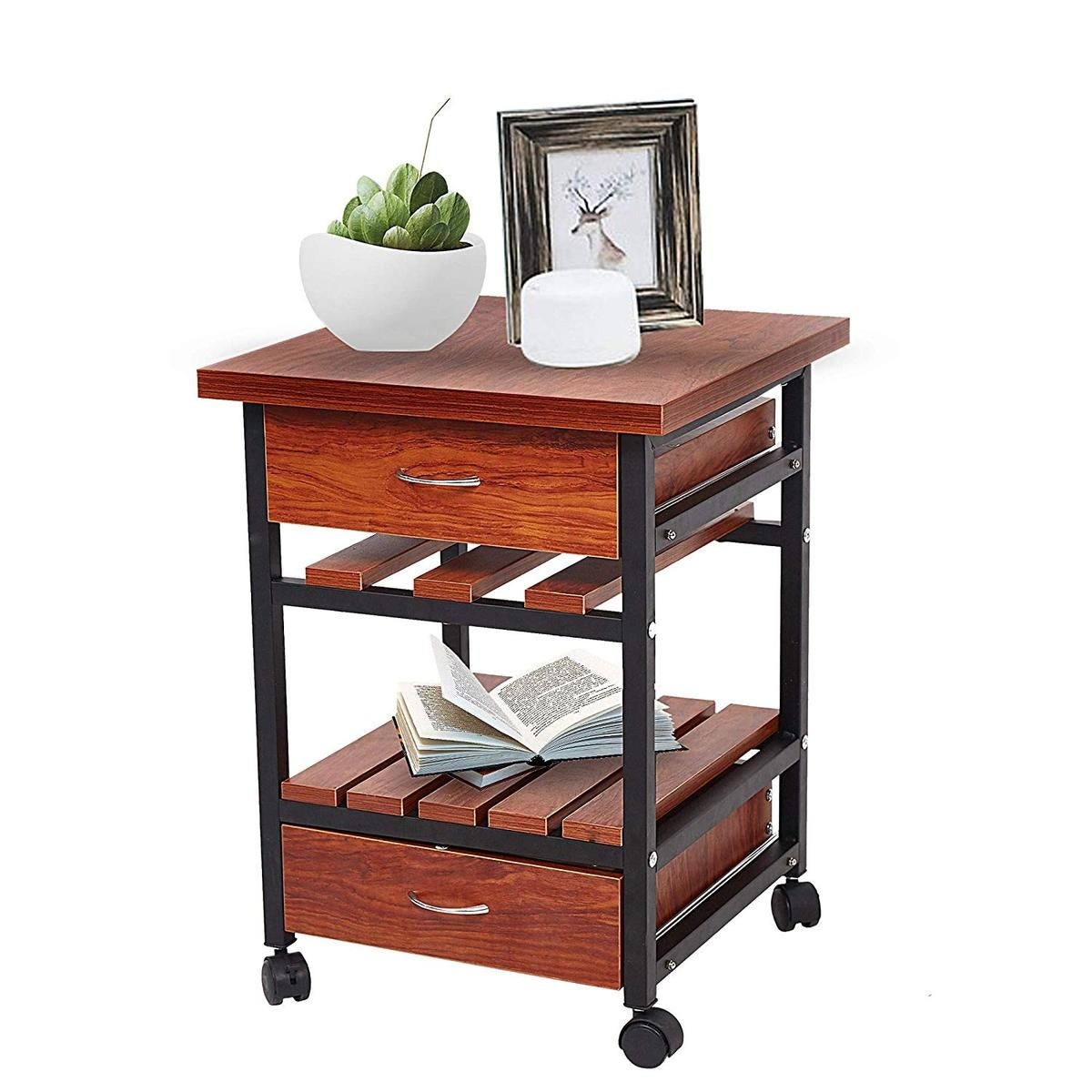 Rolling Wooden End Table Nightstand with 2 Drawers - 15.7 x 11.8 x 23.6 inches