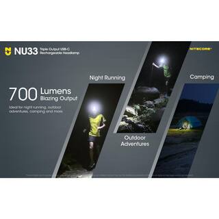 NITECORE 700 Lumens USB-C Rechargeable LED Headlamp with Spot Flood and Red Triple Outputs NU33