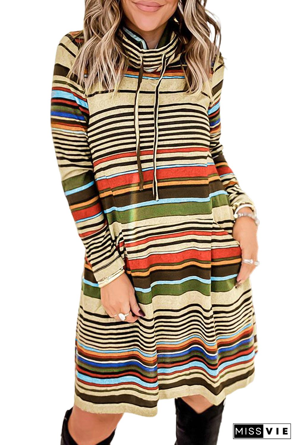 Striped Turtleneck Long Sleeve Shirt Mini Dress with Pocket