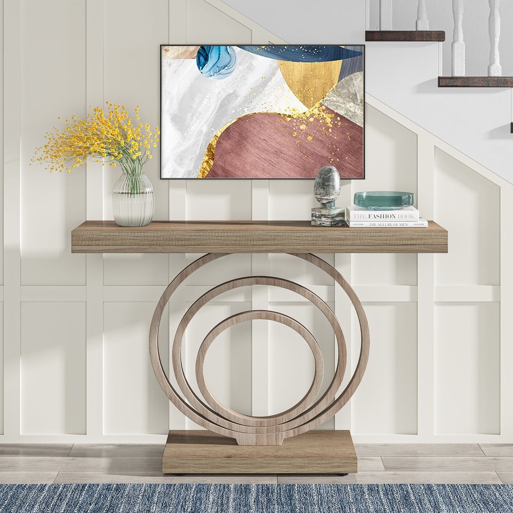 41 Inch Faux Marble White Console Table with Gold Ring Base