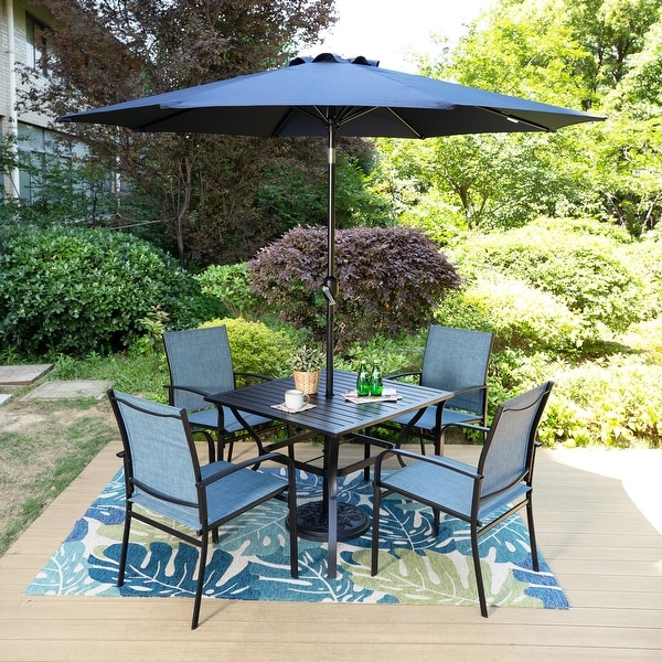 MAISON ARTS 6Piece Patio Dining Set，37 Inch Square Metal Table and 4 Textilene Dining Chairs with 9ft Patio Umbrella