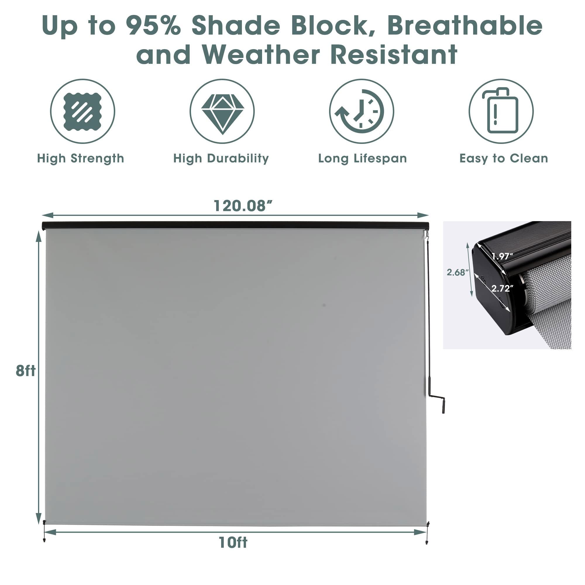 Outdoor Roller Shade 10'Wx8'H Gray Cordless Patio Roller Blinds Shades Roll Up, Exterior Roller Shade to Block Sun