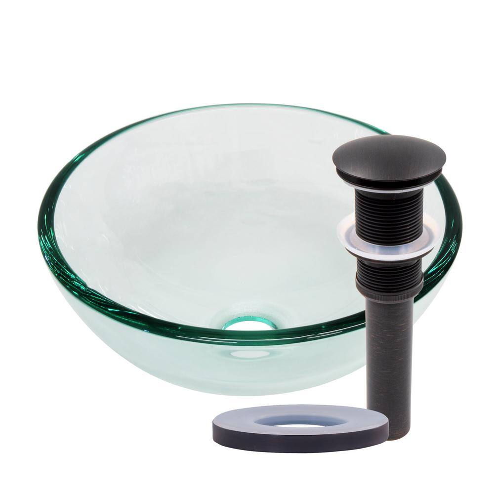 Novatto 12 in. Mini Clear Tempered Glass Round Bathroom Vessel Sink with Pop-Up Drain in Oil Rubbed Bronze TIG-8048-12ORB