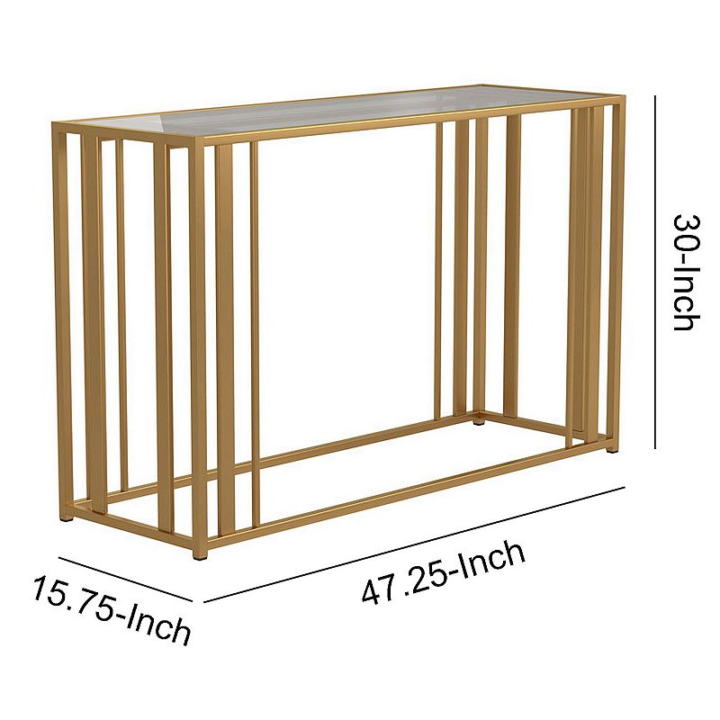 Glass Top Sofa Table with Metal Tubular Base， Brass