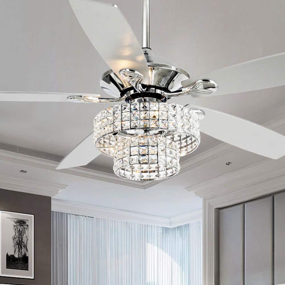 Parrot Uncle Howell 52 in Indoor Downrod Mount Crystal Chrome Ceiling Fan Chandelier with Light Kit and Remote Control