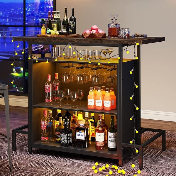 3-Tier Liquor Bar Table with Glasses Holder， Wine Storage， Footrest