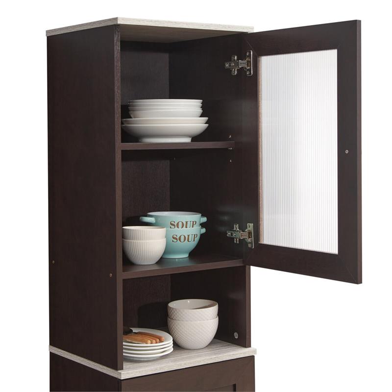 Pemberly Row 63 Slim Open Shelf Plus Top Kitchen Pantry in Chocolate-Gray Wood