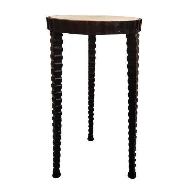 22 Inch Round Wooden Side Table with Tapered Tripod Base， Brown and Black