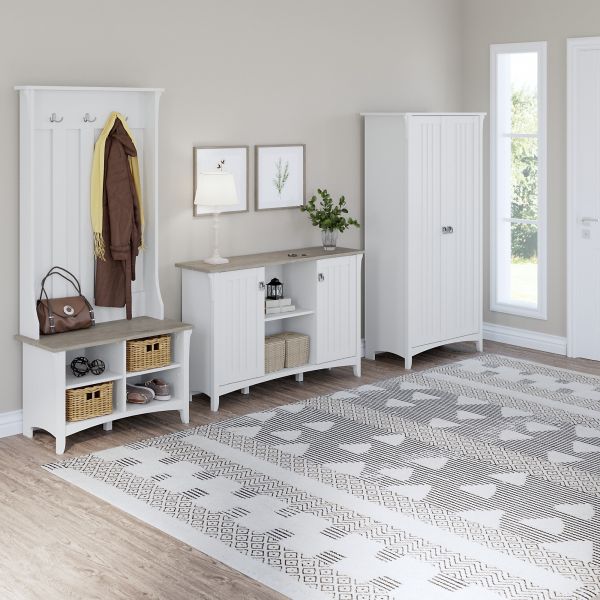 Bush Furniture Salinas Entryway Storage Set with Hall Tree， Shoe Bench and Accent Cabinets in Pure White and Shiplap Gray