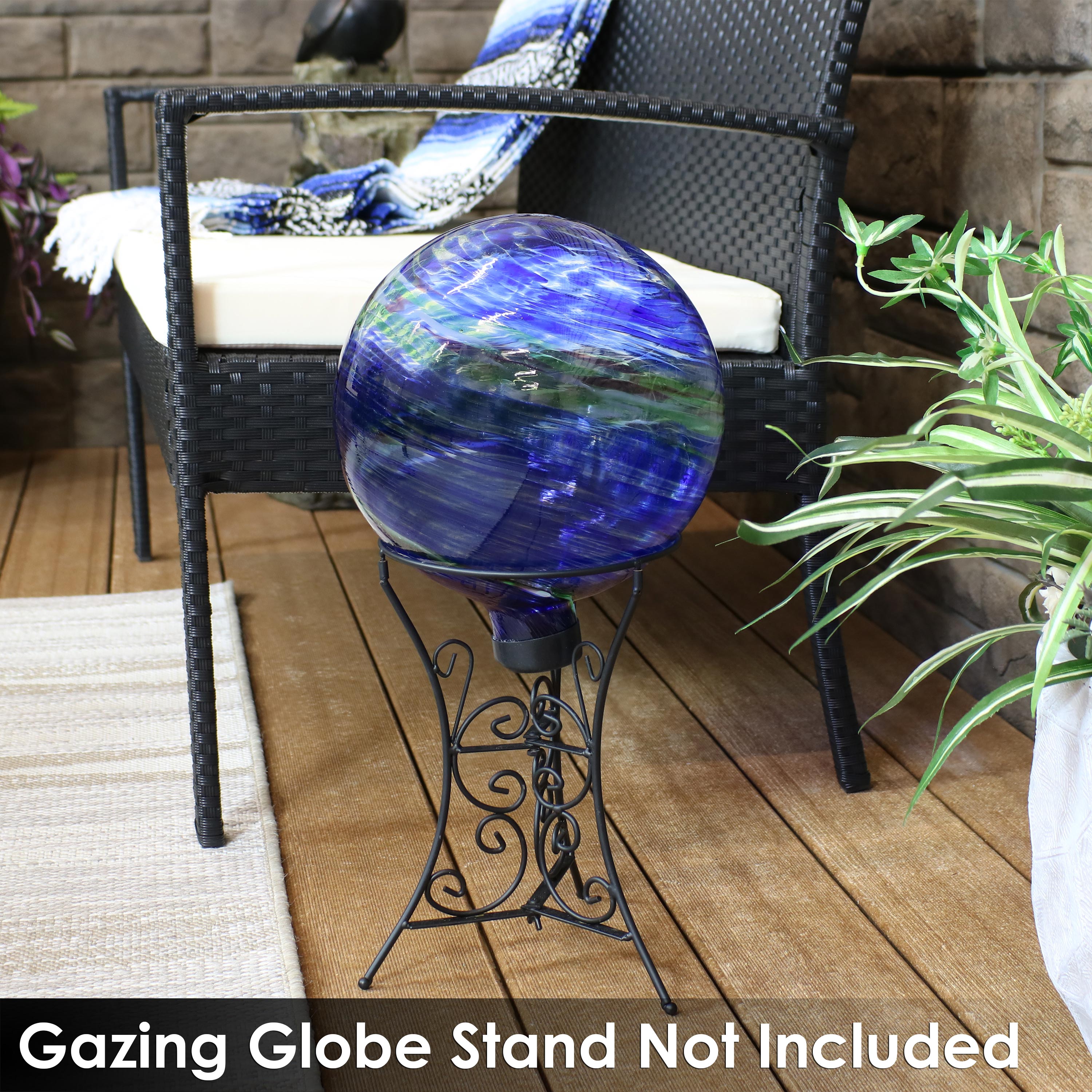 Sunnydaze Northern Lights Glass Gazing Globe with Stemmed Bottom and Rubber Cap - 10" Diameter - Blue and Green Swirl - Set of 2