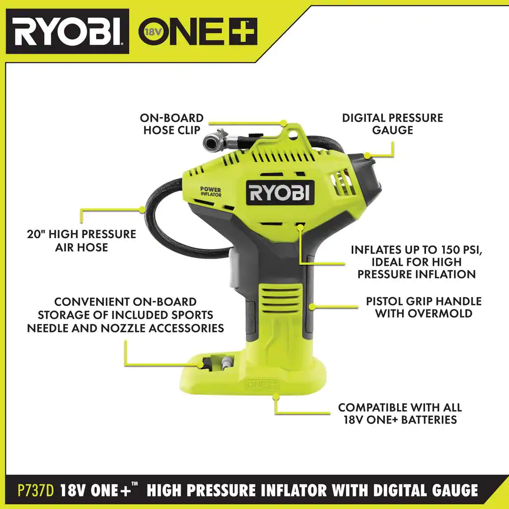 RYOBI PSBDG01B-P737D ONE+ 18V Cordless 2-Tool Combo Kit w/ ONE+ HP Brushless Compact Right Angle Die Grinder and Cordless Inflator (Tools Only)