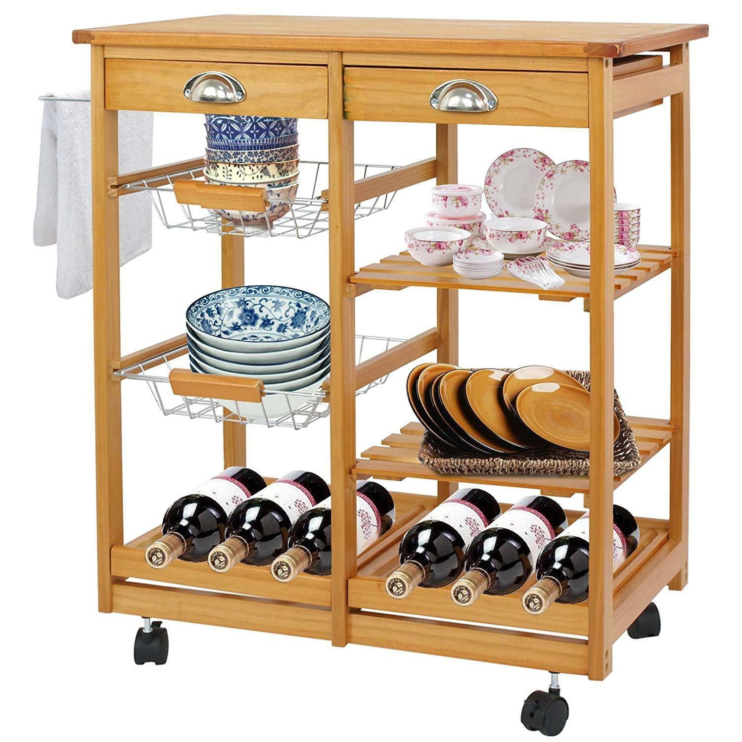 ZENSTYLE Rolling Wood Kitchen Cart Storage Trolley Cart Rack Countertop， Natural