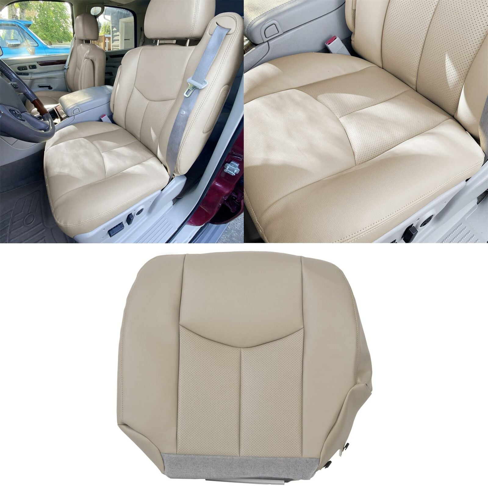 Kojem Driver Side Bottom Seat Cover for 2003 2004 2005 2006 Cadillac Escalade ESV EXT Tan Synthetic Leather 0306ESC152DRBT， 12510306SLNWPIT