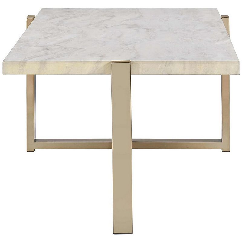 Modern Metal Framed Coffee Table with Faux Marble Top， White and Gold