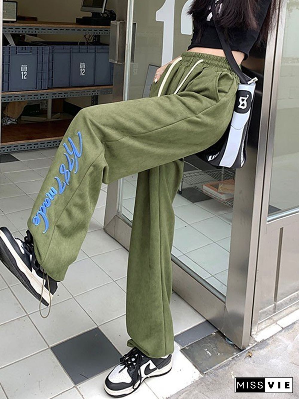 Embroidery Faux Suede Baggy Sweatpants