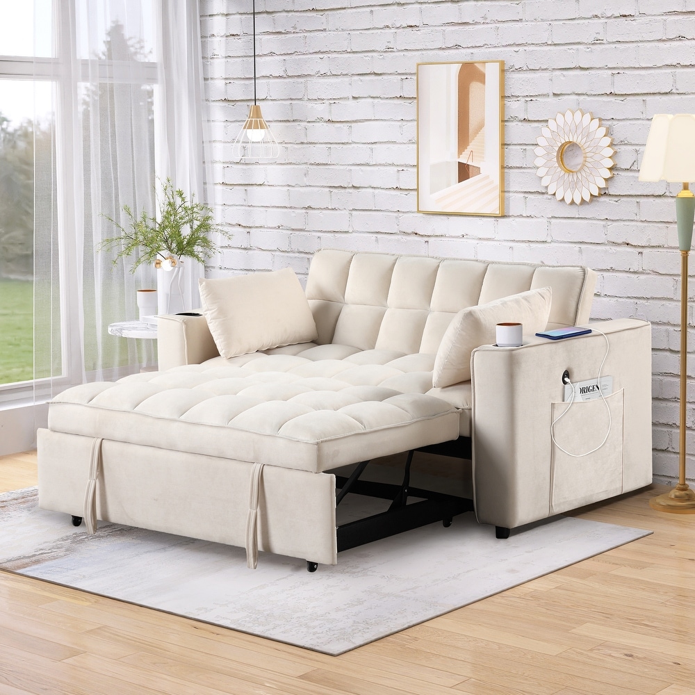 Velvet Upholstered Sofa Bed Convertible Sleeper Sofa with Cup Holder and USB Port   Perfect for Living Rooms and Apartments