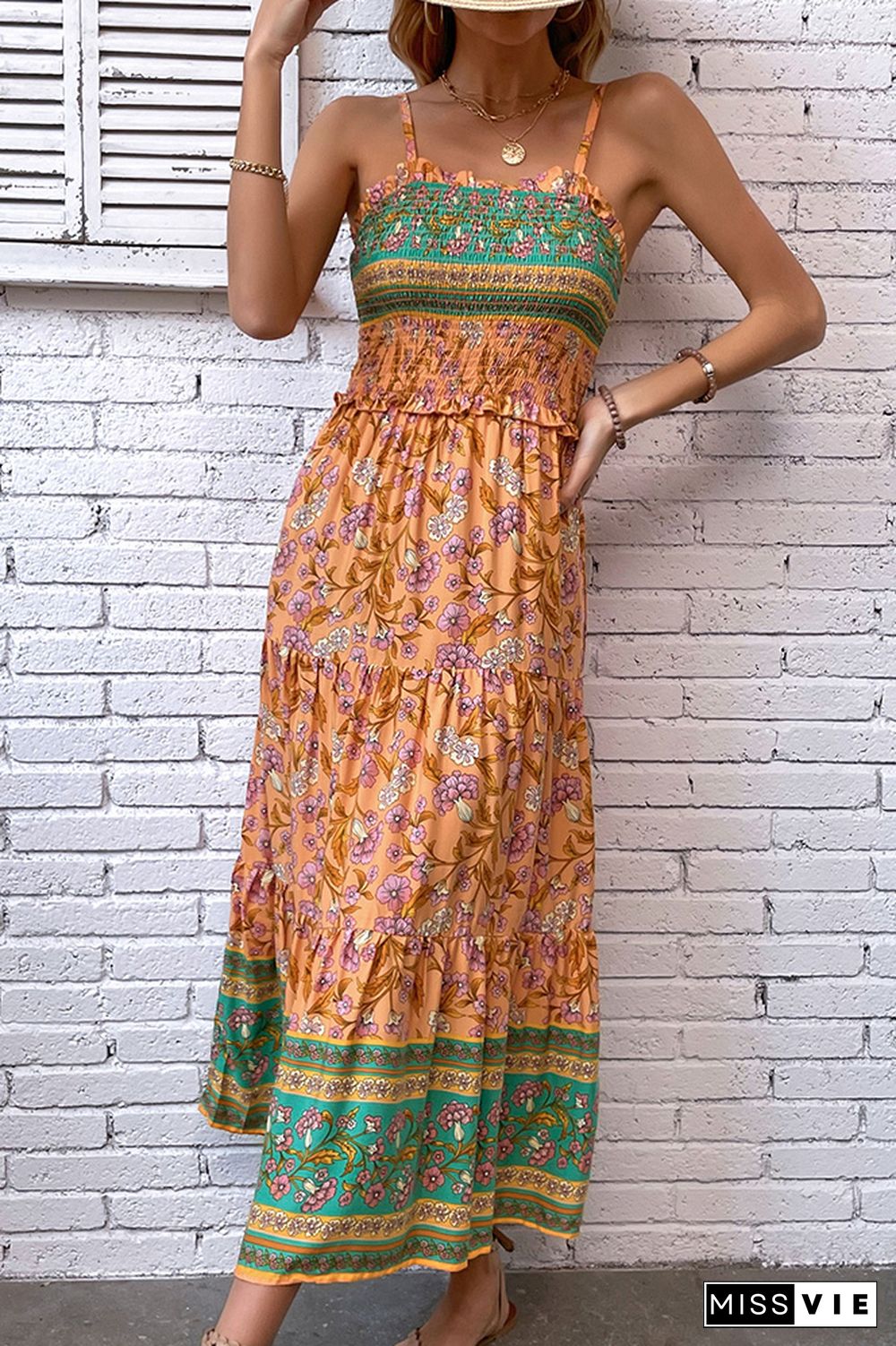 Orange Boho Flower Print Spaghetti Dress